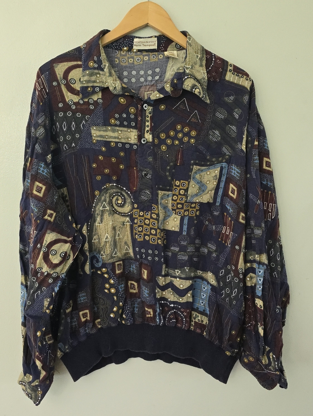 Vtg Norm Thompson Polo Shirt MENS 2X Blue Long Sleeve Pullover Art Deco Abstract